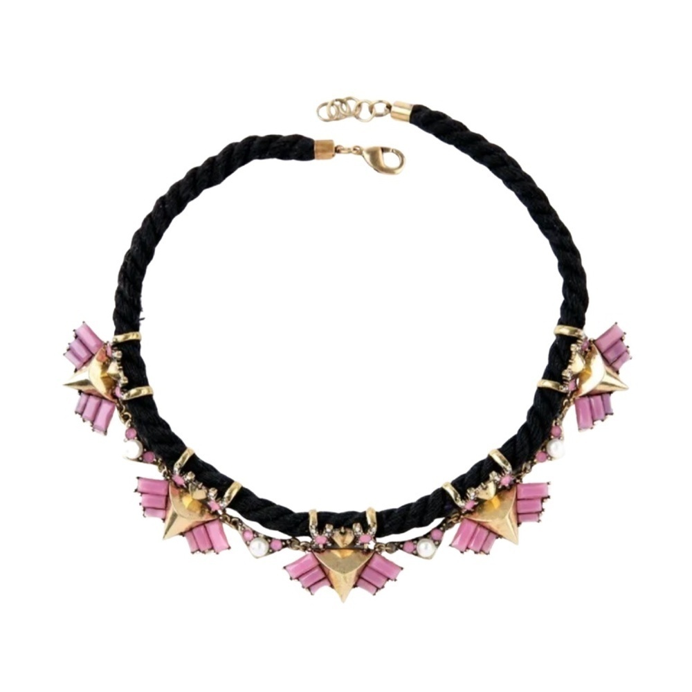 Bold Black Rope Necklace with Pink Acrylic & Pearl Accents – 17" Length,